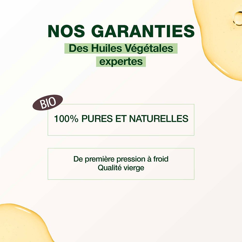 Texte: Nos garanties. Huiles végétales 100% pures et naturelles. Certification Bio. Première pression à froid.