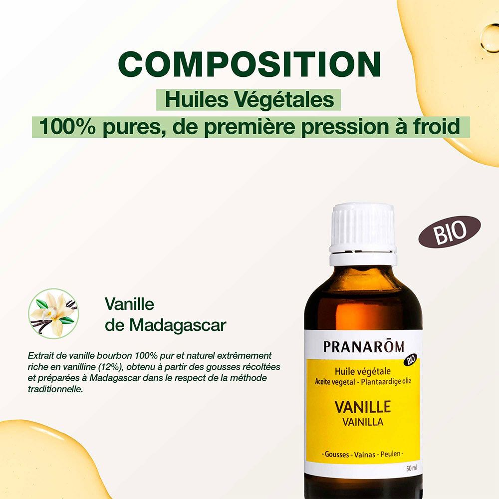 PRANAROM Huile végétale Vanille. Flacon. 50 ml. Certification Bio. Texte: Huiles végétales, Vanille de Madagascar.