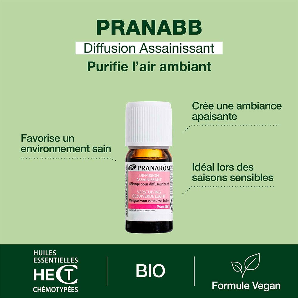 Pranarôm PranaBB, flacon. Texte en français. Certification Bio. Formule Vegan. Pour un environnement sain.