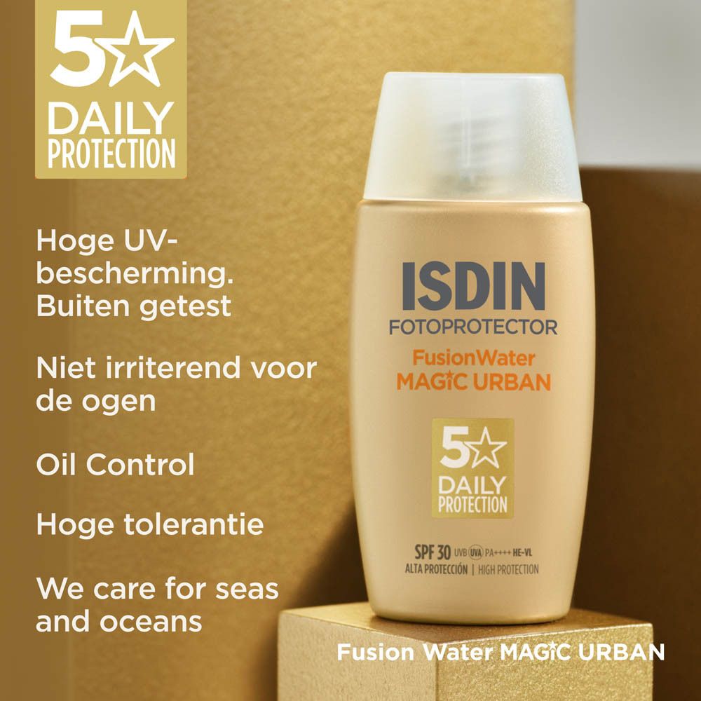 ISDIN Fotoprotector Fusion Water Magic Urban. Flacon. Texte: 5 Star Daily Protection, n'irrite pas les yeux.