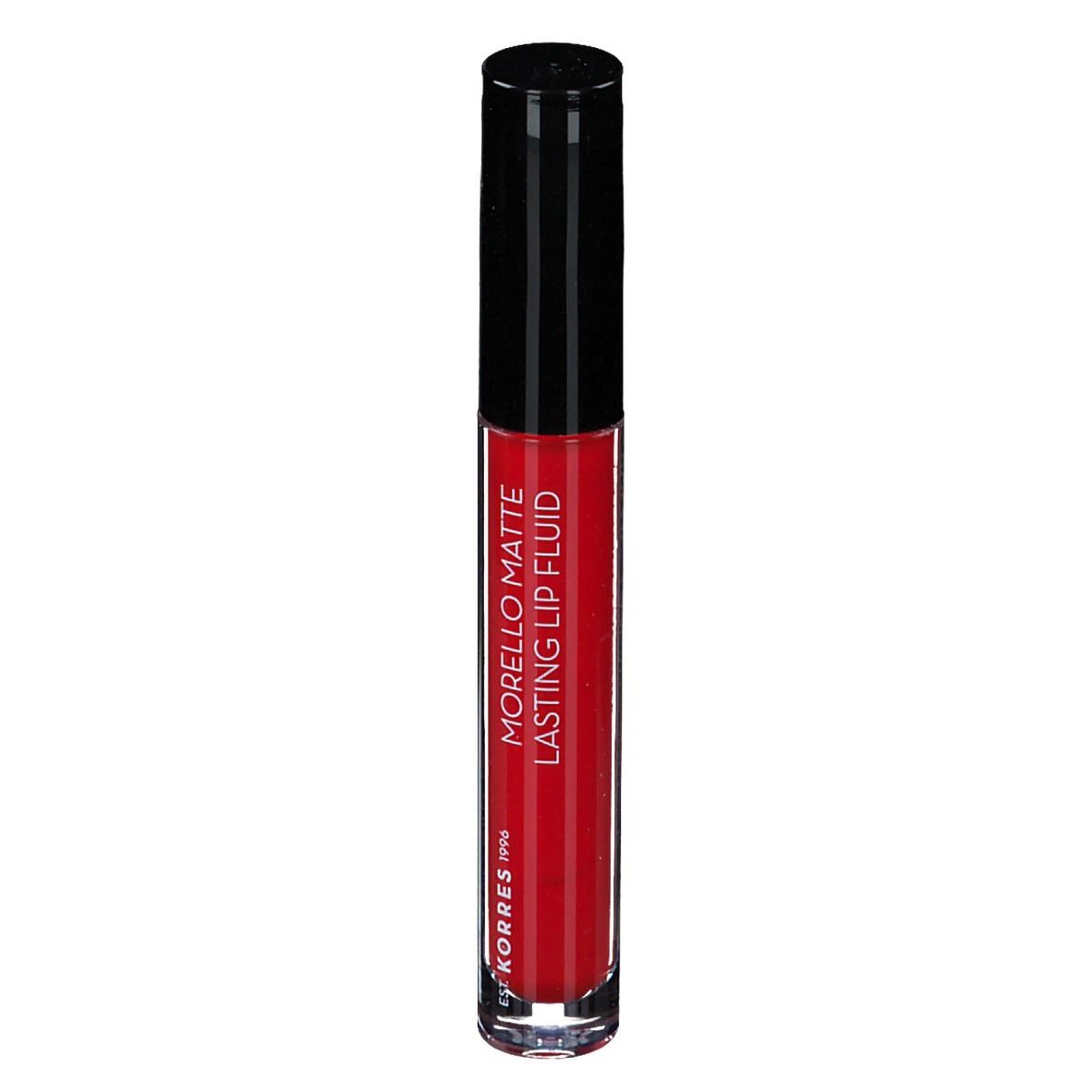 Rouge à lèvres rouge dans un tube transparent avec un bouchon noir. Inscription : Morello Matte Lasting Lip Fluid.