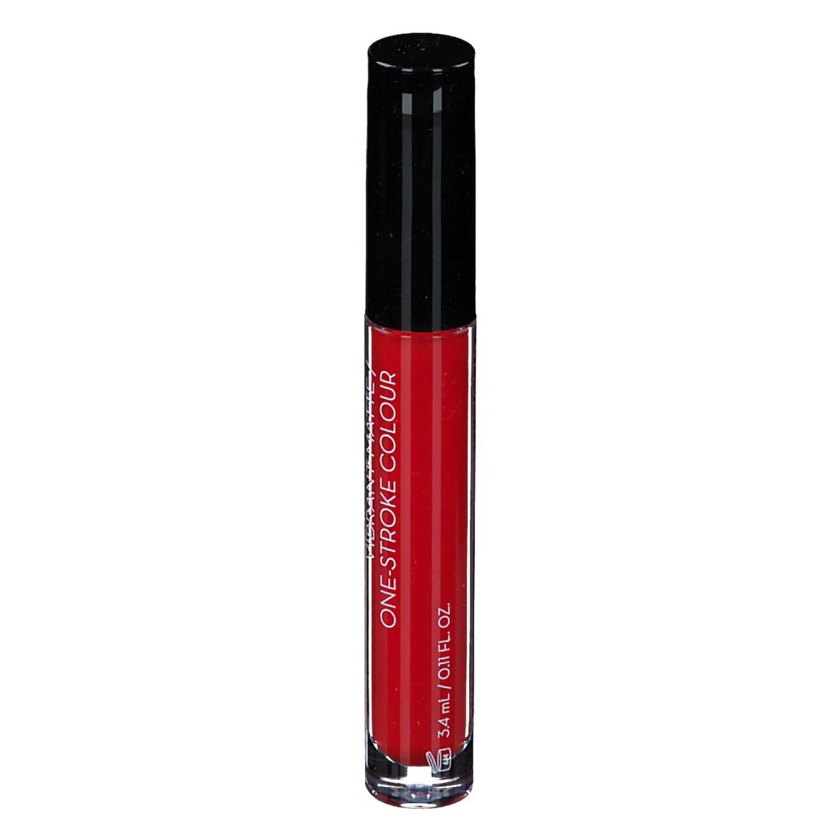 Rouge à lèvres rouge dans un tube transparent avec un bouchon noir. Inscription : One Stroke Colour, 3,4 ml.