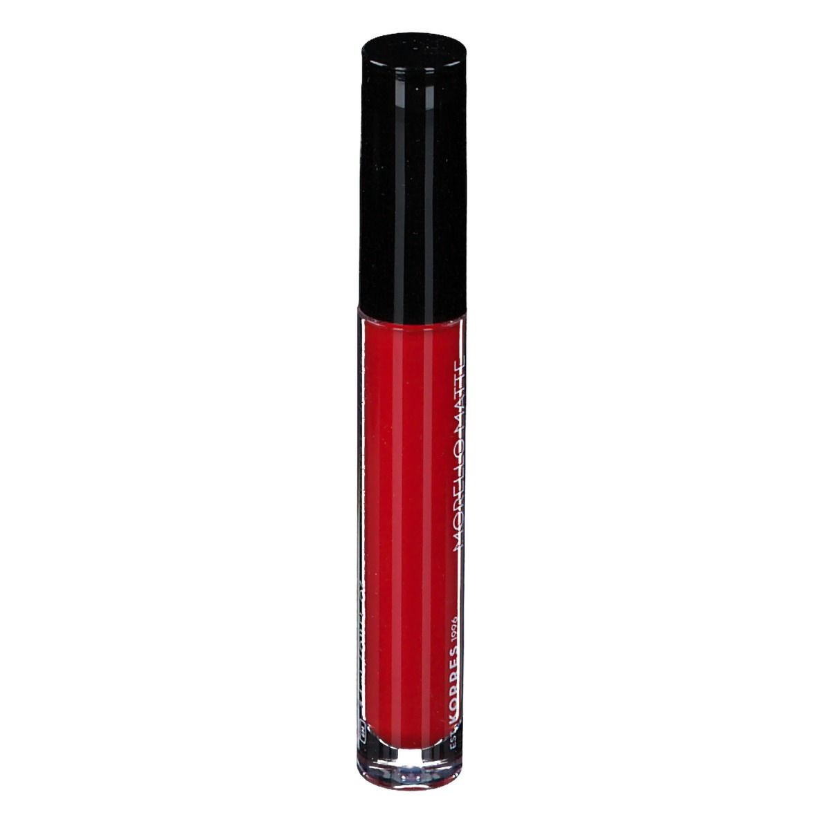 Rouge à lèvres rouge dans un tube transparent avec un bouchon noir. Inscription : Morello Matte.