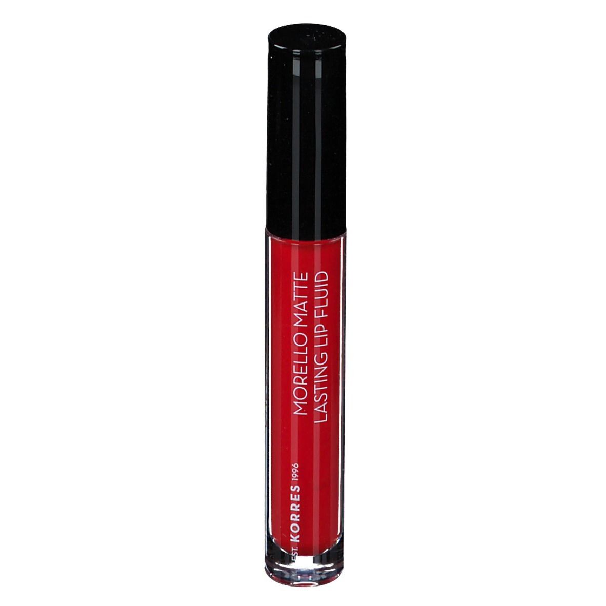 Rouge à lèvres rouge dans un tube transparent avec un bouchon noir. Inscription : Morello Matte Lasting Lip Fluid.