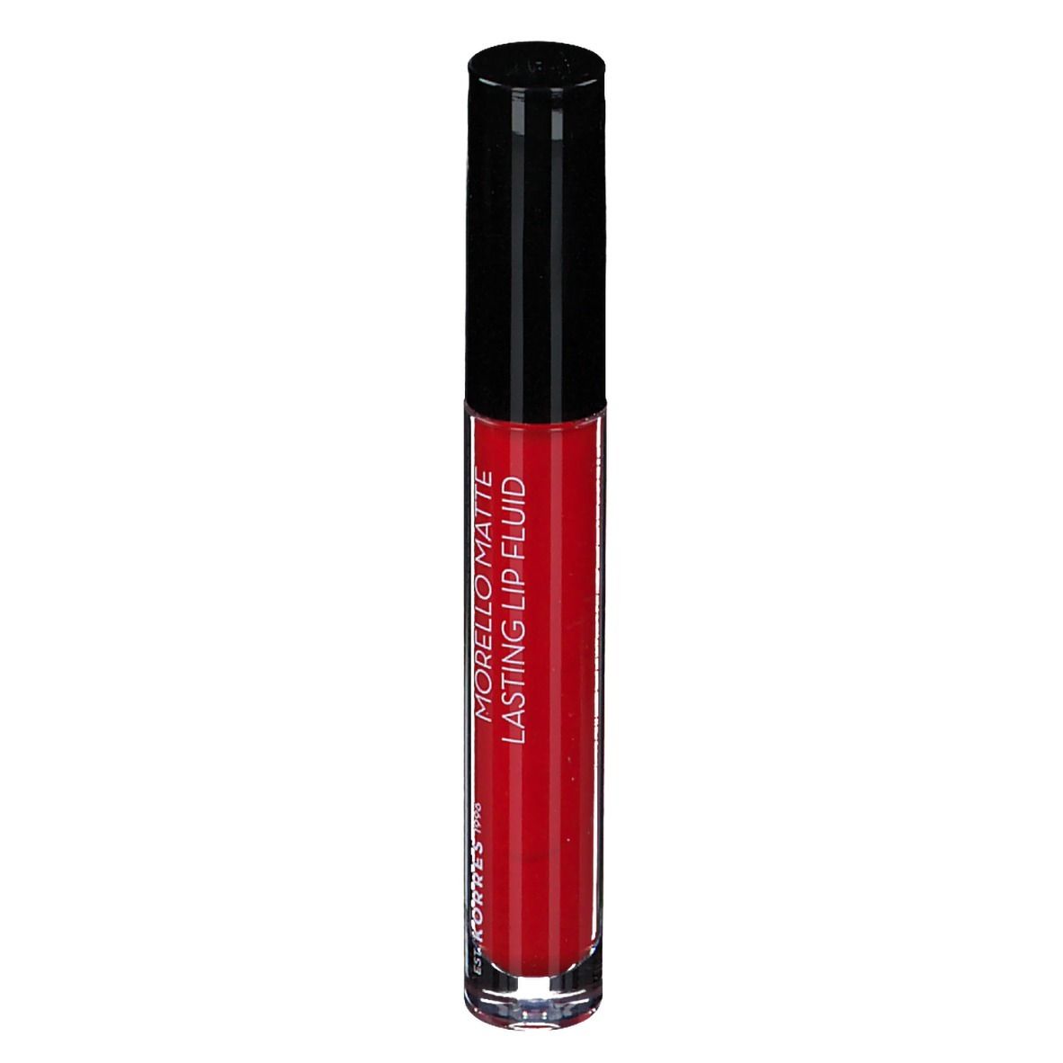 Rouge à lèvres rouge dans un tube transparent avec un bouchon noir. Inscription : Morello Matte Lasting Lip Fluid.