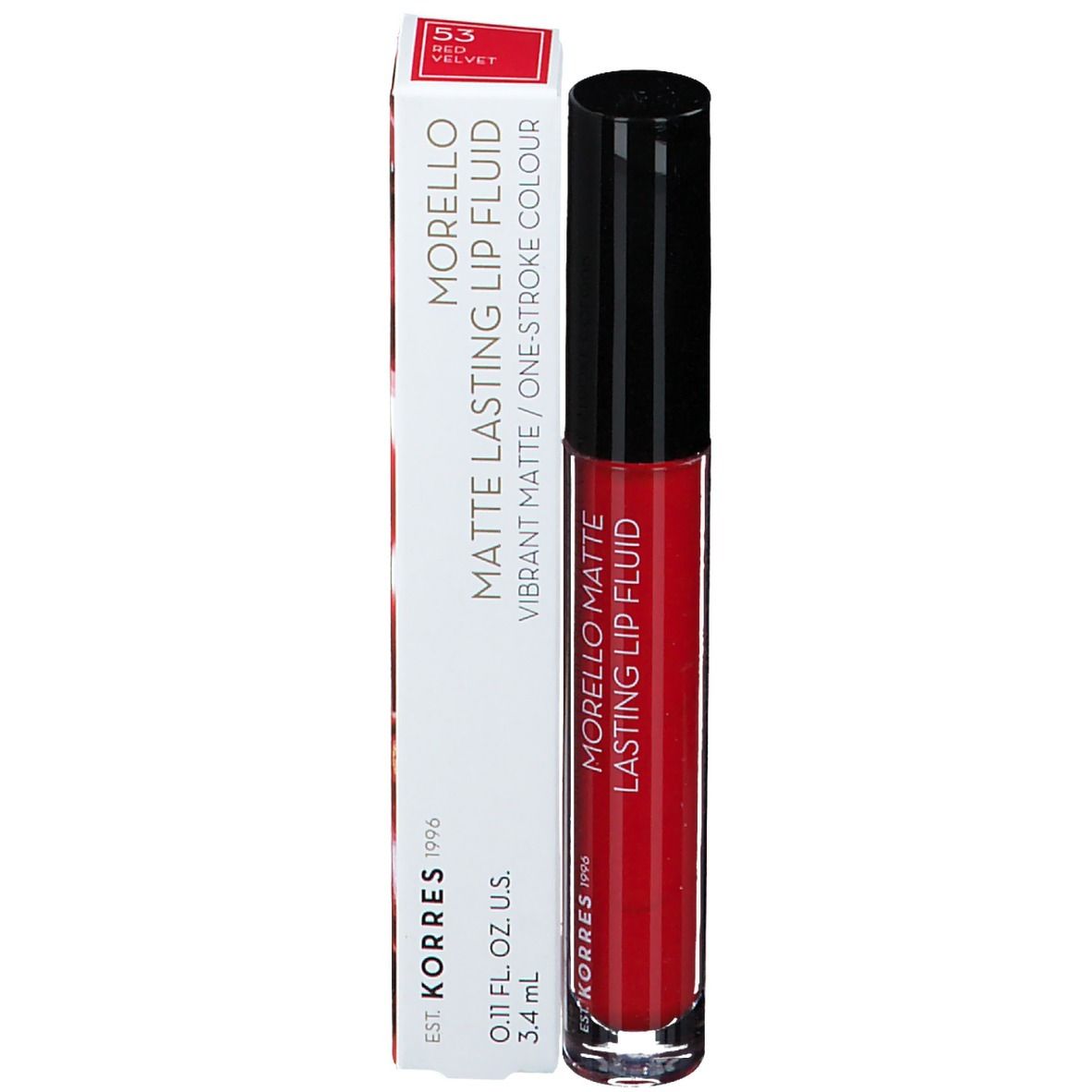 Rouge à lèvres rouge et emballage. Emballage avec inscription : Morello Matte, 53 Red Velvet, 3,4 ml.