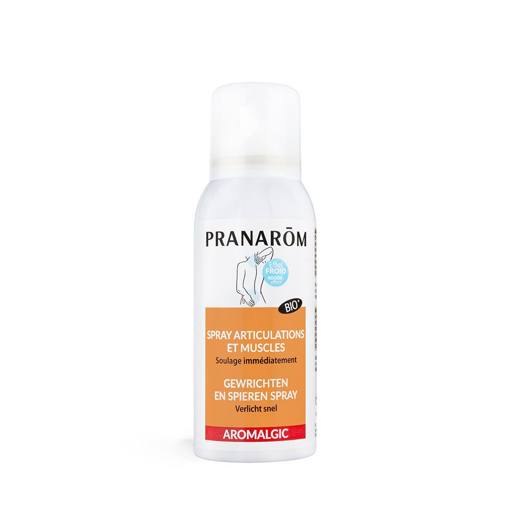 Spray blanc PRANAROM. Inscription : Spray articulations et muscles. Aromalgic. Certification Bio.