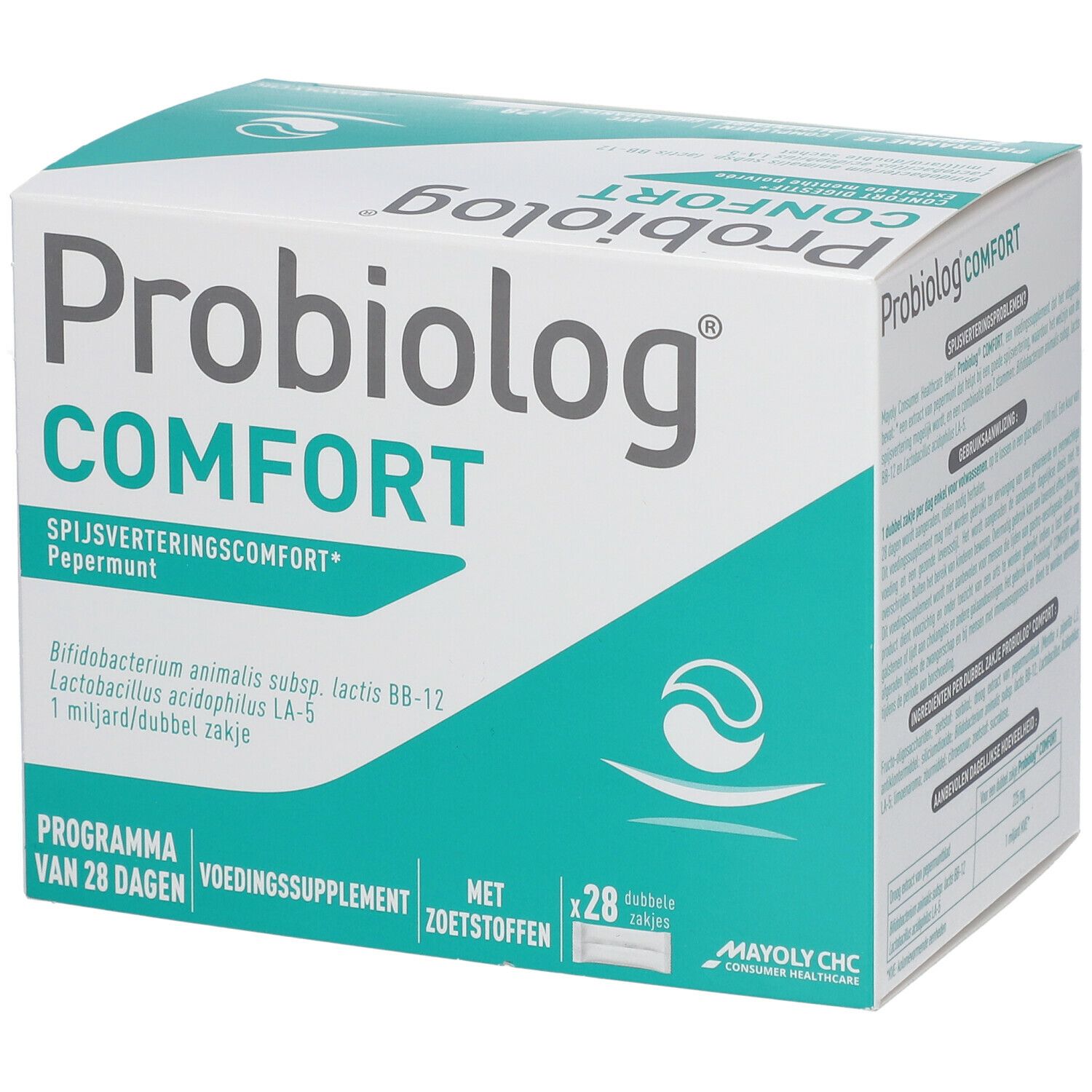 Boîte en carton avec nom et logo du produit. Contient 28 sachets doubles. Inscription : Spijsverteringscomfort, Pepermunt.