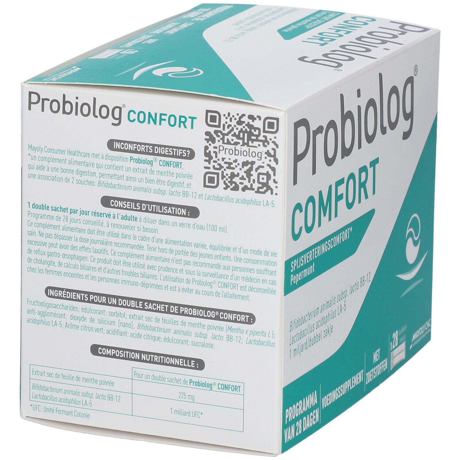 Boîte en carton avec nom et logo du produit. Contient 28 sachets doubles. Inscription : Spijsverteringscomfort, Pepermunt. Code QR.