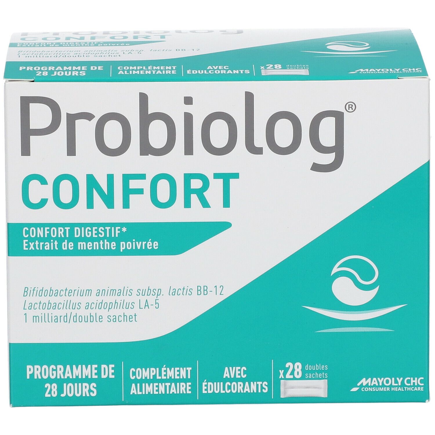 Boîte en carton avec nom et logo du produit. Contient 28 sachets doubles. Inscription : Confort Digestif, Extrait de menthe poivrée.
