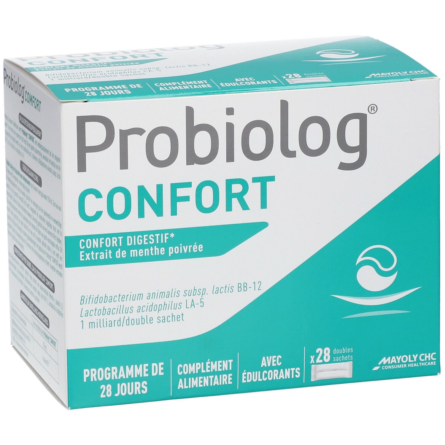 Boîte en carton avec nom et logo du produit. Contient 28 sachets doubles. Inscription : Confort Digestif, Extrait de menthe poivrée.