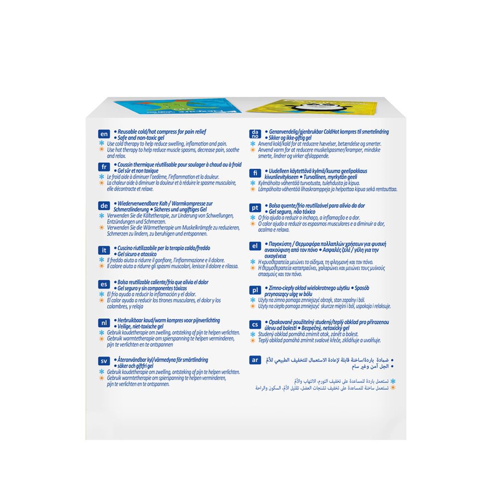 Un pack de gel carré avec un motif de panda. Il est dans un emballage transparent.