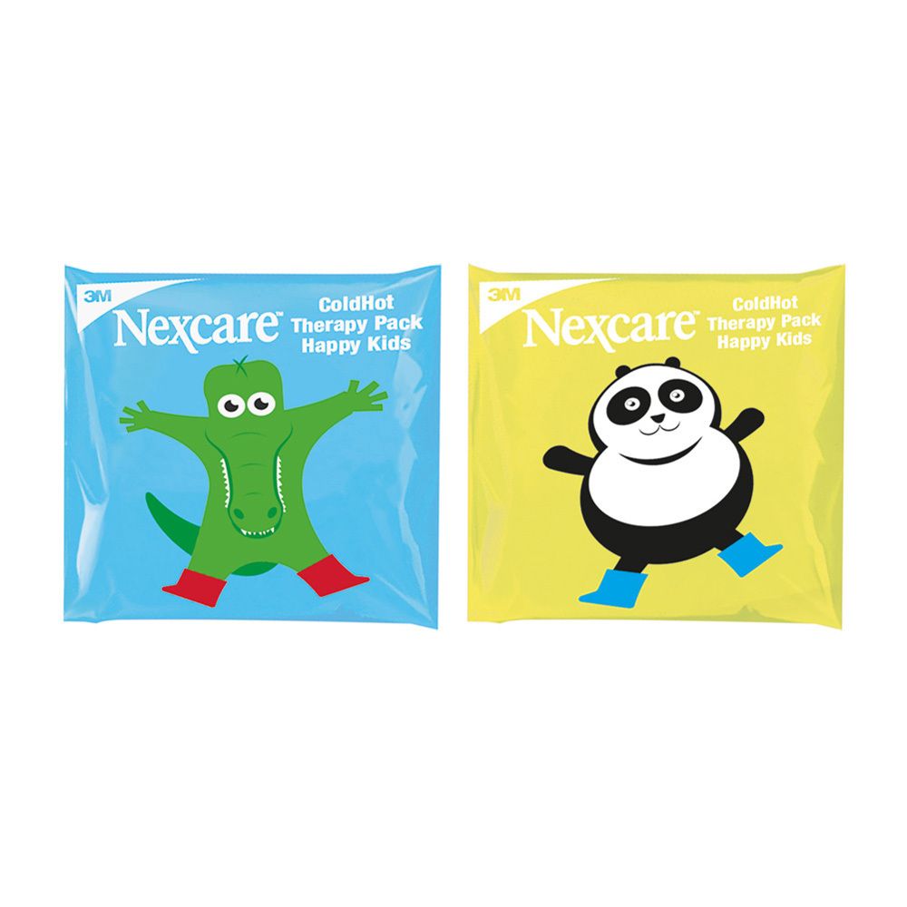 Deux packs de gel carrés avec des motifs d'animaux. Un crocodile et un panda. Les deux sont dans un emballage transparent.