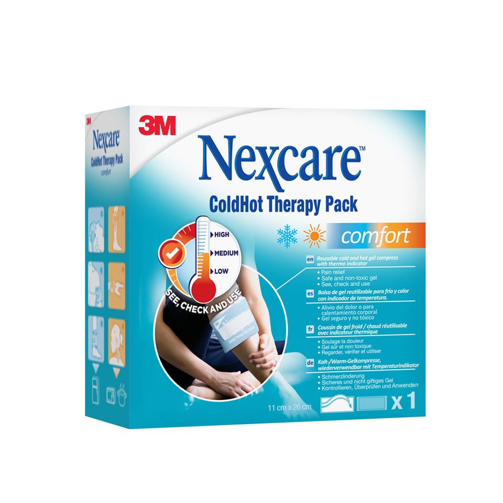 Emballage 3M Nexcare ColdHot Therapy Pack Comfort. Illustration du produit, indicateur thermique, texte multilingue.
