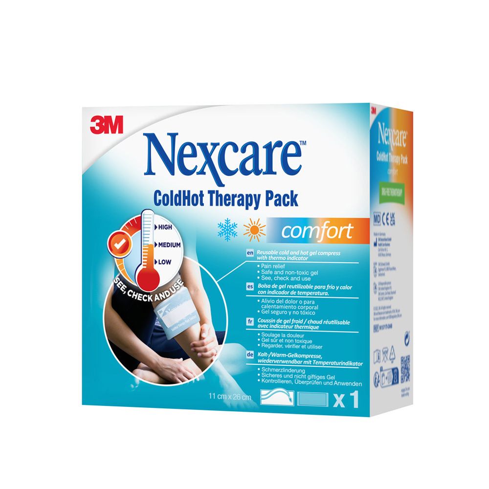 Côté de l'emballage 3M Nexcare ColdHot Therapy Pack Comfort. Texte, logos, certifications.