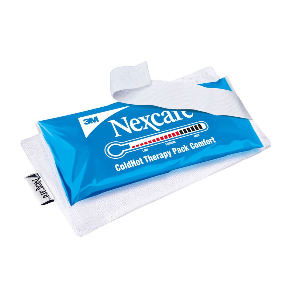Emballage 3M Nexcare ColdHot Therapy Pack Comfort. Illustration du produit, indicateur thermique, texte multilingue.