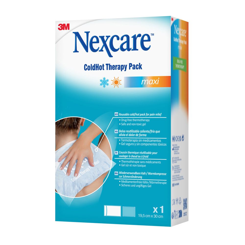 Emballage Nexcare ColdHot Therapy Pack Maxi. Emballage bleu avec nom et logo. Personne tenant le pack sur le dos.