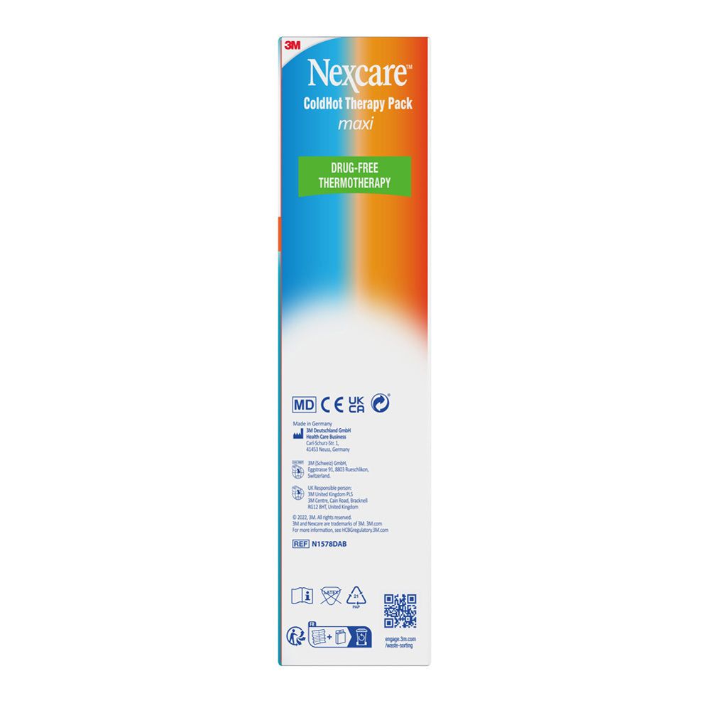 Côté de l'emballage Nexcare ColdHot Therapy Pack Maxi. Nom du produit, logo et certifications. Contient des informations.