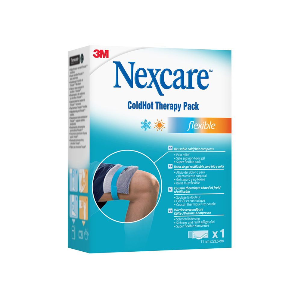 Emballage Nexcare ColdHot Therapy Pack. Compresse froide/chaude réutilisable. Dimensions : 11 x 23,5 cm.