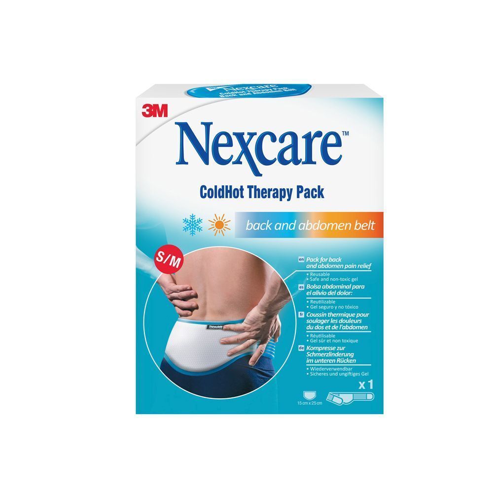 Emballage Nexcare ColdHot Therapy Pack. S/M, ceinture dos et ventre. Logo 3M. Image du produit.