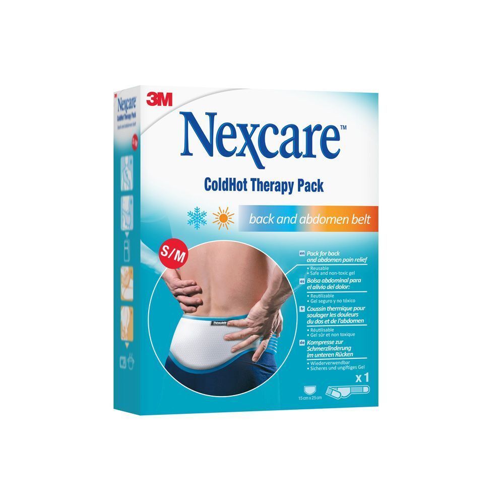 Emballage Nexcare ColdHot Therapy Pack. S/M, ceinture dos et ventre. Logo 3M. Image du produit.