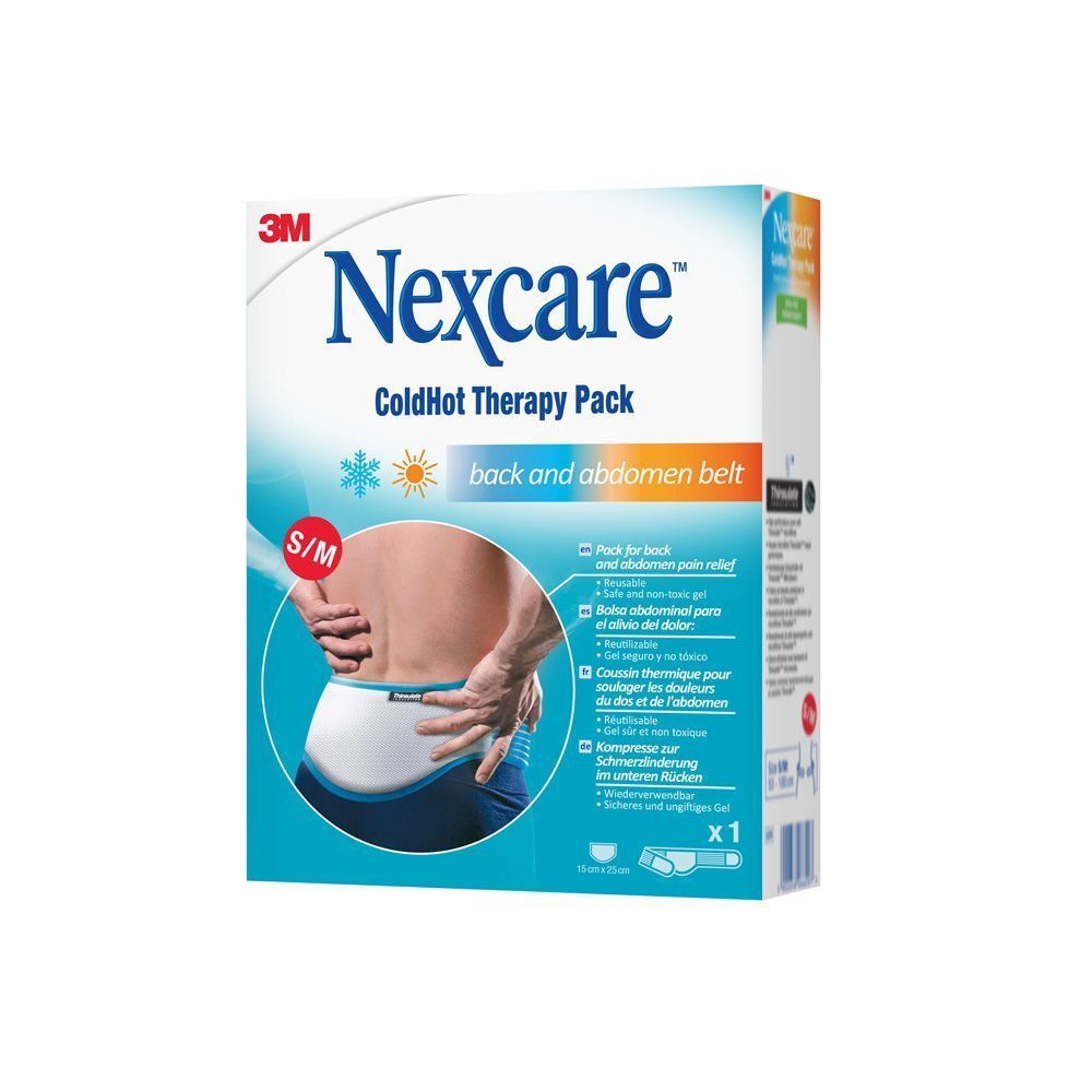 Emballage Nexcare ColdHot Therapy Pack. S/M, ceinture dos et ventre. Logo 3M. Image du produit.