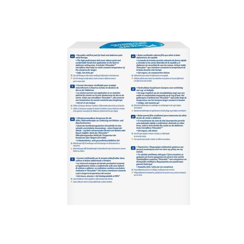 Dos de l'emballage Nexcare ColdHot Therapy Pack. Texte multilingue. Informations produit.