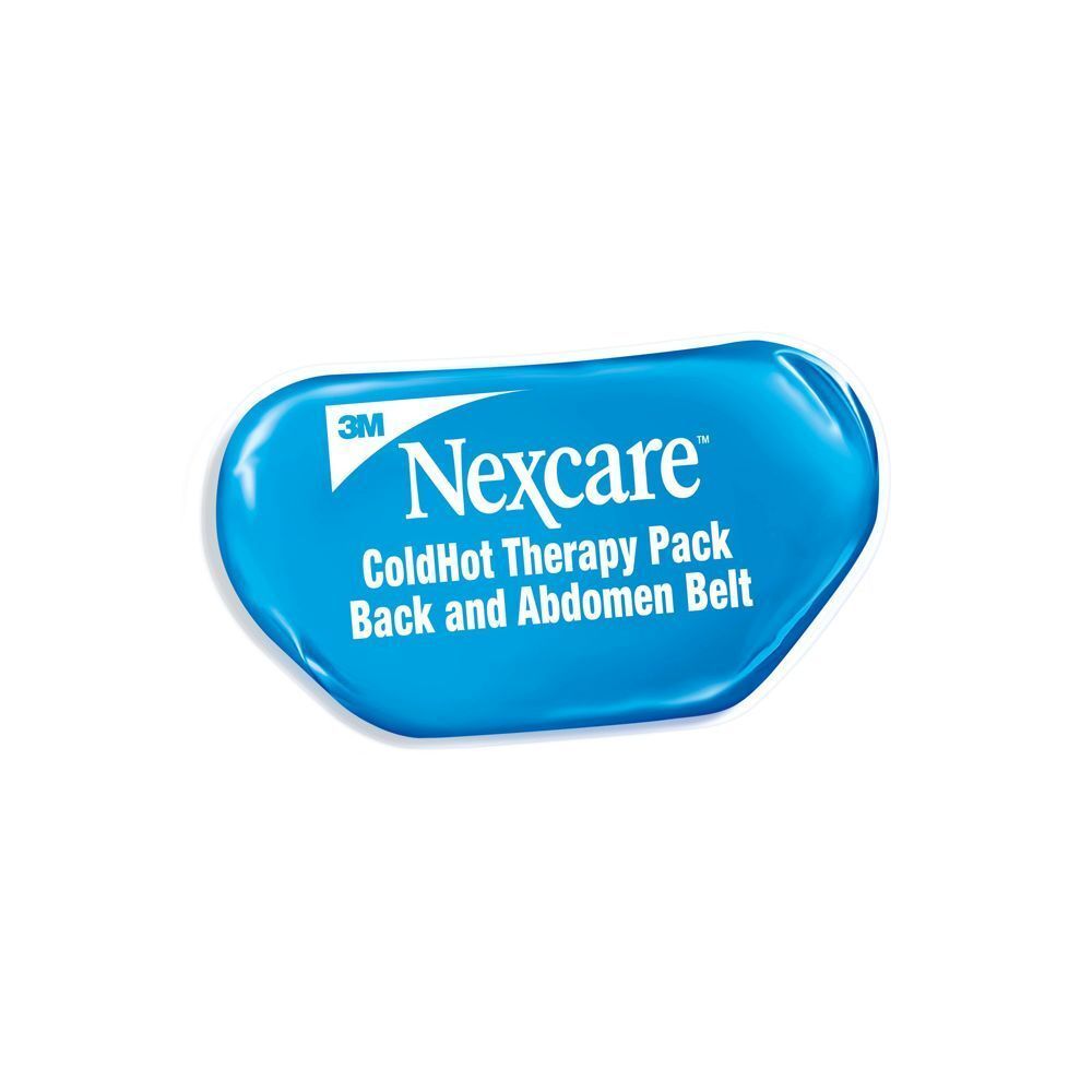 Pack de gel bleu ovale avec logo Nexcare et ColdHot Therapy Pack. Logo 3M. Image du produit.