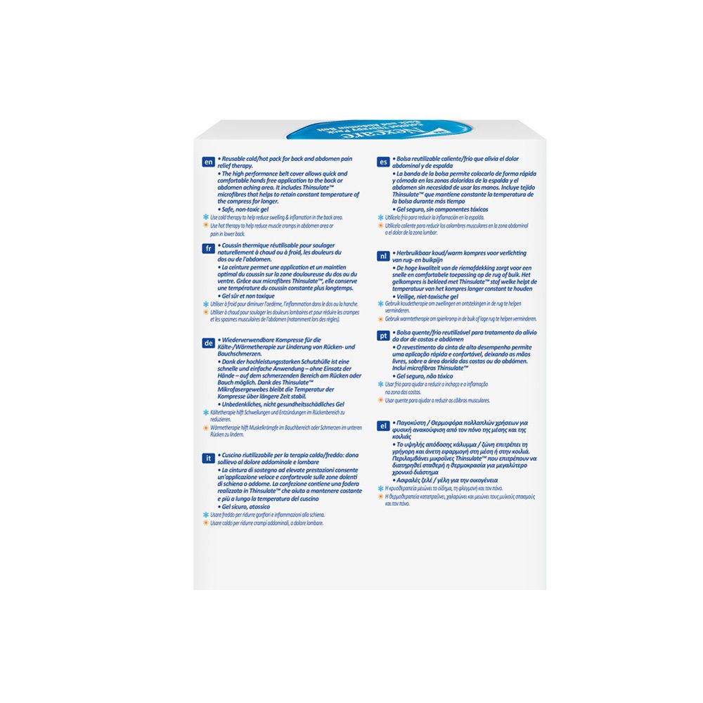 Dos de l'emballage Nexcare ColdHot ceinture dos et ventre. Texte multilingue. Informations sur le produit.