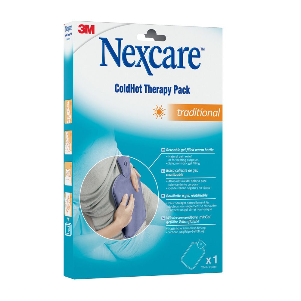 Emballage 3M Nexcare ColdHot Therapy Pack. Bouillotte bleue, traditionnelle. Image du produit et texte multilingue.