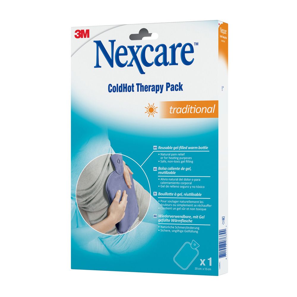Emballage 3M Nexcare ColdHot Therapy Pack. Bouillotte bleue, traditionnelle. Image du produit et texte multilingue.