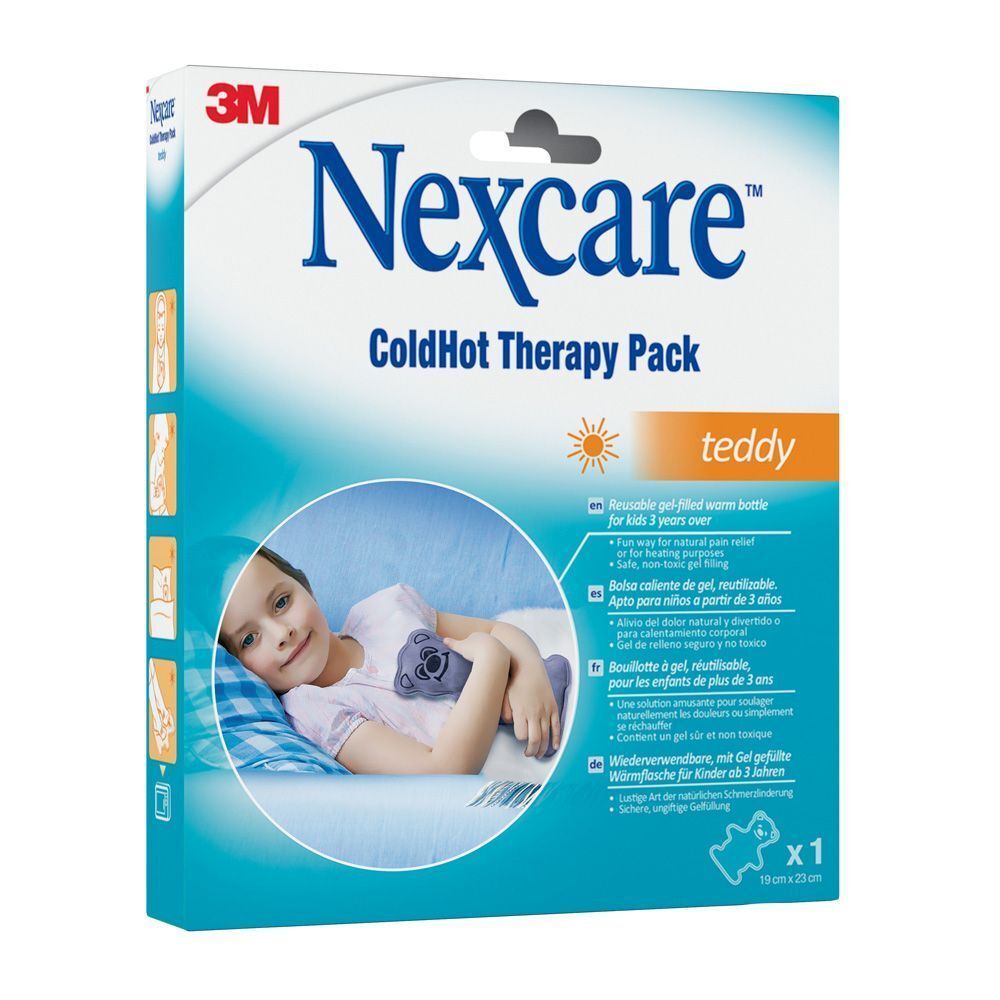Emballage 3M Nexcare ColdHot Teddy. Enfant sur l'emballage. Dimensions 19 x 23 cm.