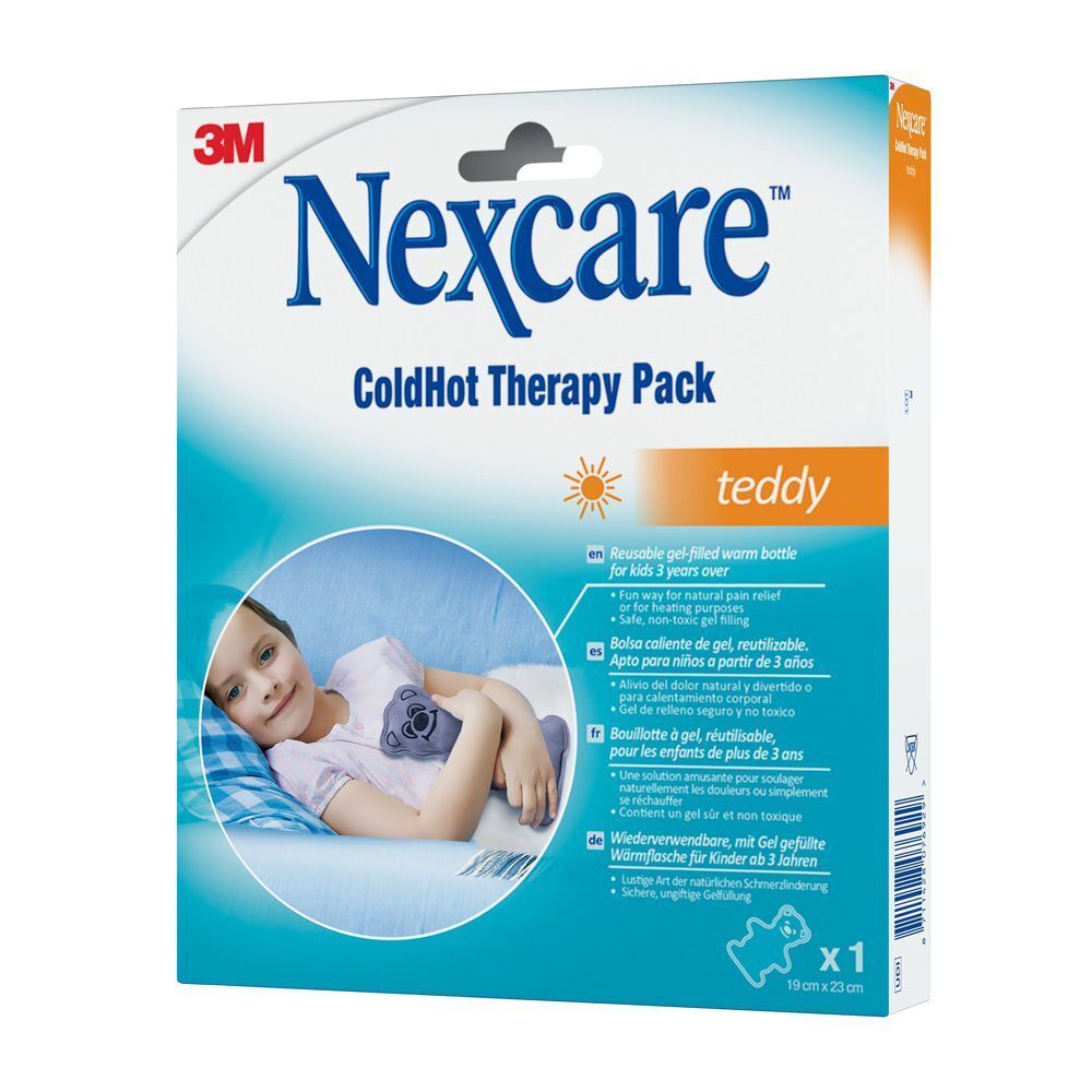 Emballage 3M Nexcare ColdHot Teddy. Enfant sur l'emballage. Dimensions 19 x 23 cm.