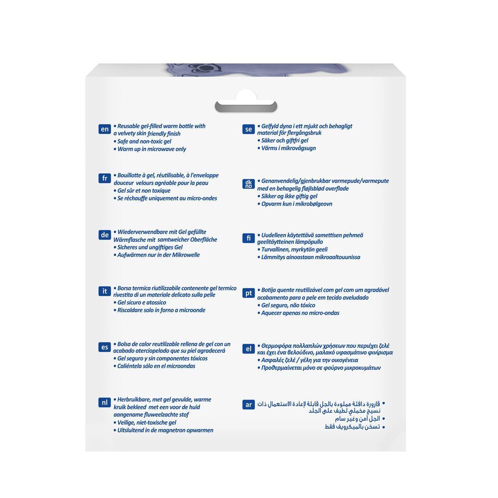 Dos de l'emballage avec informations produit. Plusieurs langues. 3M Nexcare ColdHot Teddy.