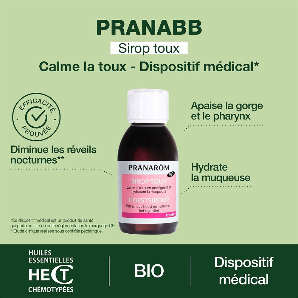 Flacon Pranarôm Sirop Toux. Étiquette rose, texte en français et néerlandais. Certification Bio.