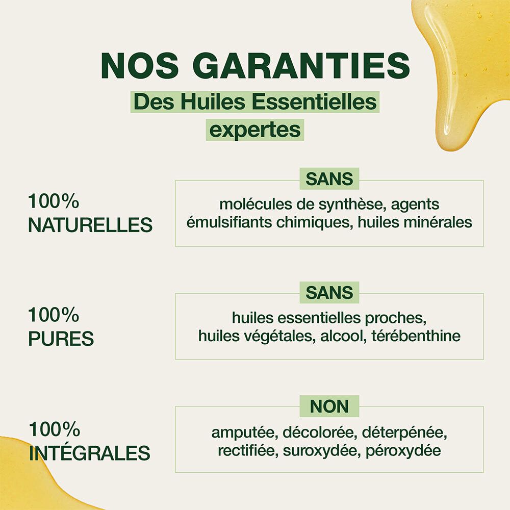 Texte sur les ingrédients garantis. 100% naturel, pur et intégral. Pas de molécules synthétiques.