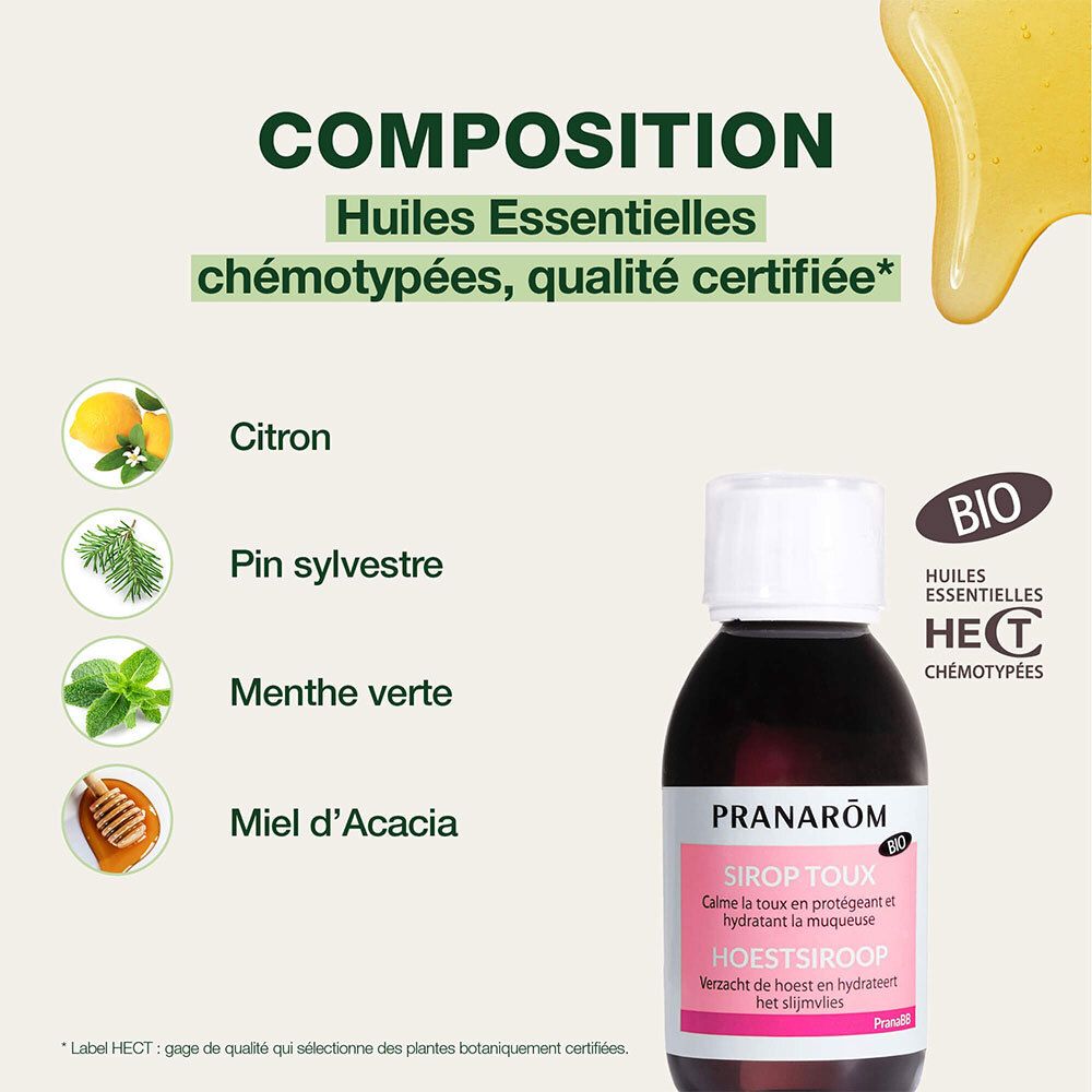 Composition du produit. Contient des huiles essentielles. Citron, pin sylvestre, menthe verte, miel d'acacia.