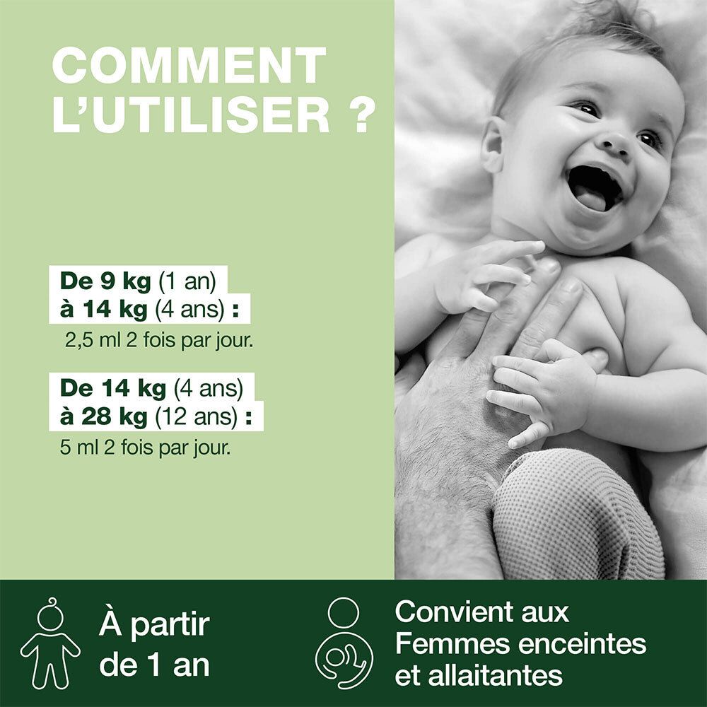 Recommandations de dosage pour enfants. À partir de 1 an. Convient aux femmes enceintes et allaitantes.