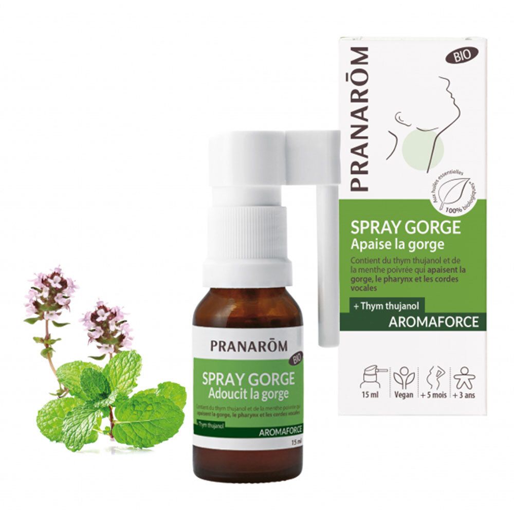 PRANARÔM - Aromaforce - Spray Gorge Action 3 En 1 - Aux Huiles Essentielles - Menthe Poivrée - Aid au soulagement de La Gorge - Vegan - 15 ml