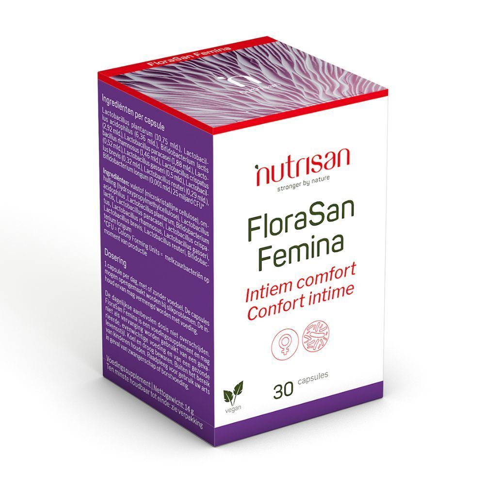 Emballage du produit. Inscription : FloraSan Femina. 30 gélules. Intiem comfort, Confort intime. Liste des ingrédients.