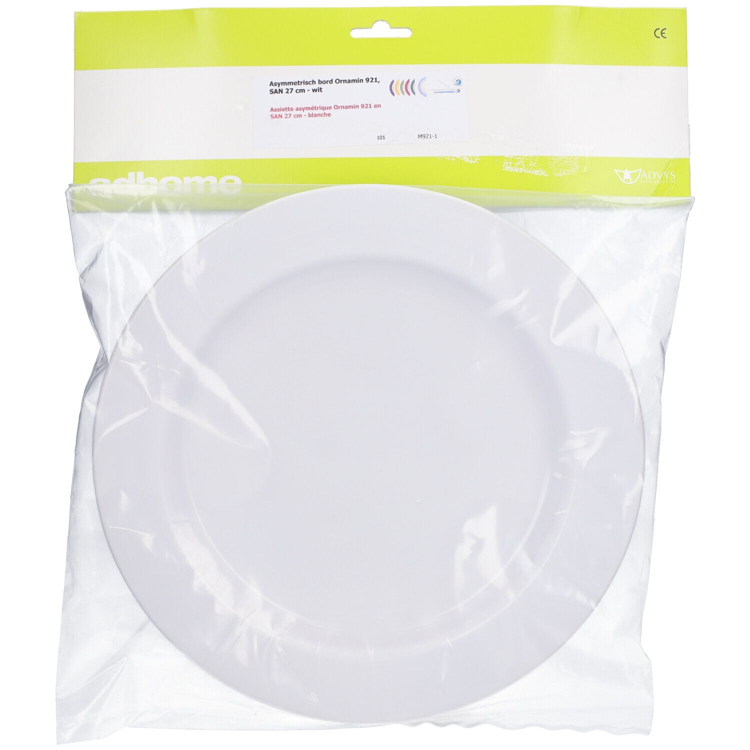 Assiette blanche dans un emballage plastique. Impression avec nom du produit et marquage CE. Marque : Adhome.