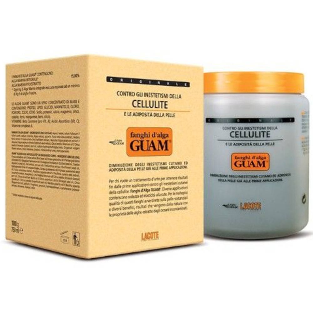 Emballage et pot beiges. Inscription : GUAM Fanghi d'Alga. Contre la cellulite. Pot avec couvercle orange.