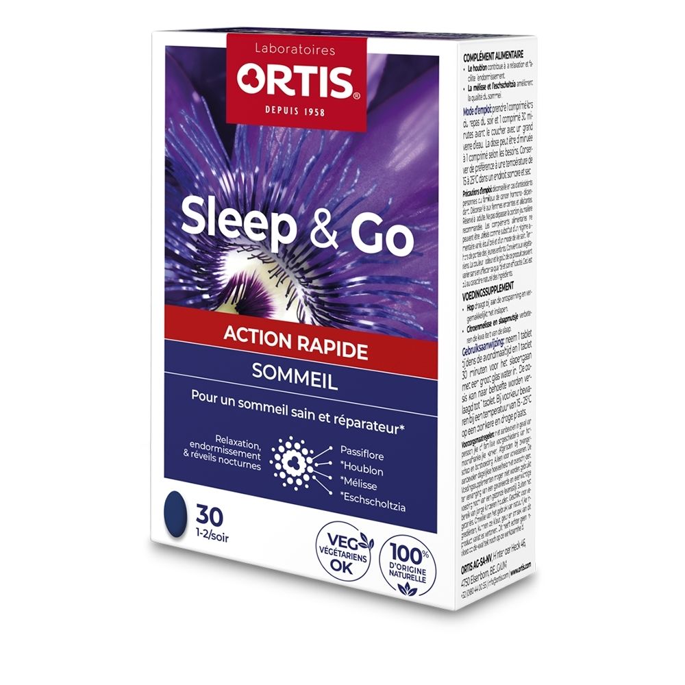 Boîte Ortis Sleep & Go de 30 comprimés, axée sur le sommeil.