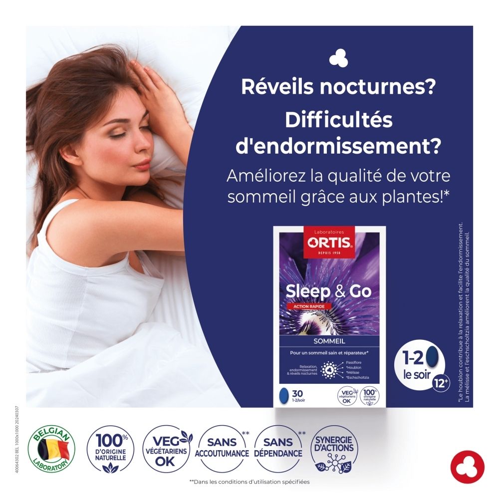 Boîte Ortis Sleep & Go de 30 comprimés, axée sur le sommeil.