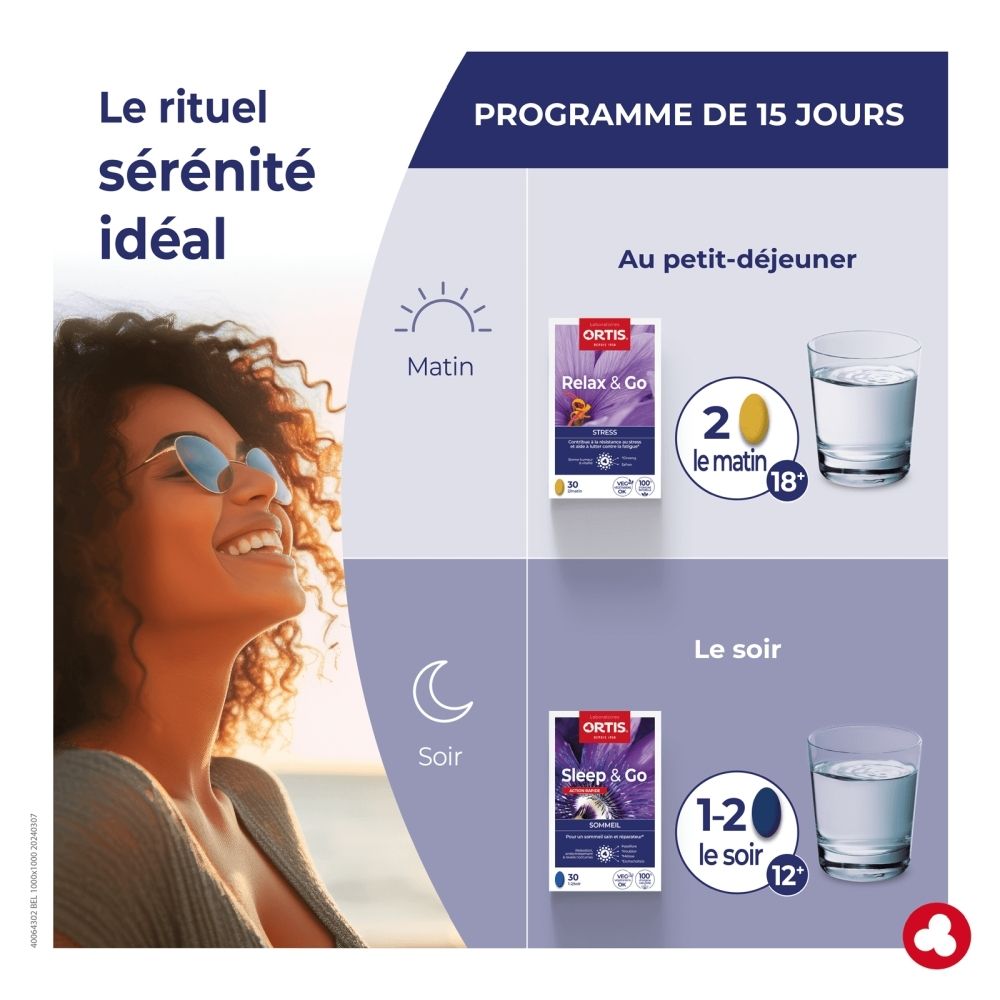 Boîte Ortis Sleep & Go de 30 comprimés, axée sur le sommeil.