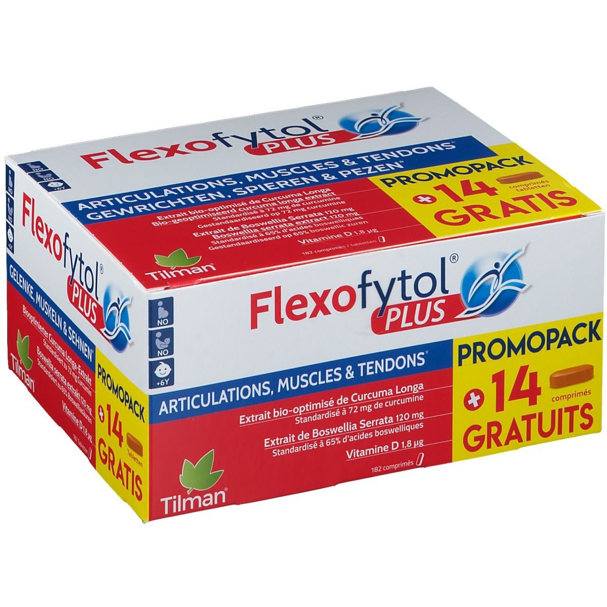 Boîte Flexofytol Plus. Contient 14 comprimés gratuits. Texte: Articulations, muscles & tendons. Marque: Tilman.