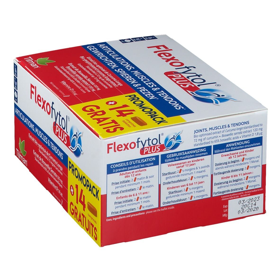 Boîte Flexofytol Plus. Contient 14 comprimés gratuits. Texte: Articulations, muscles & tendons. Marque: Tilman. Conseils d'utilisation.