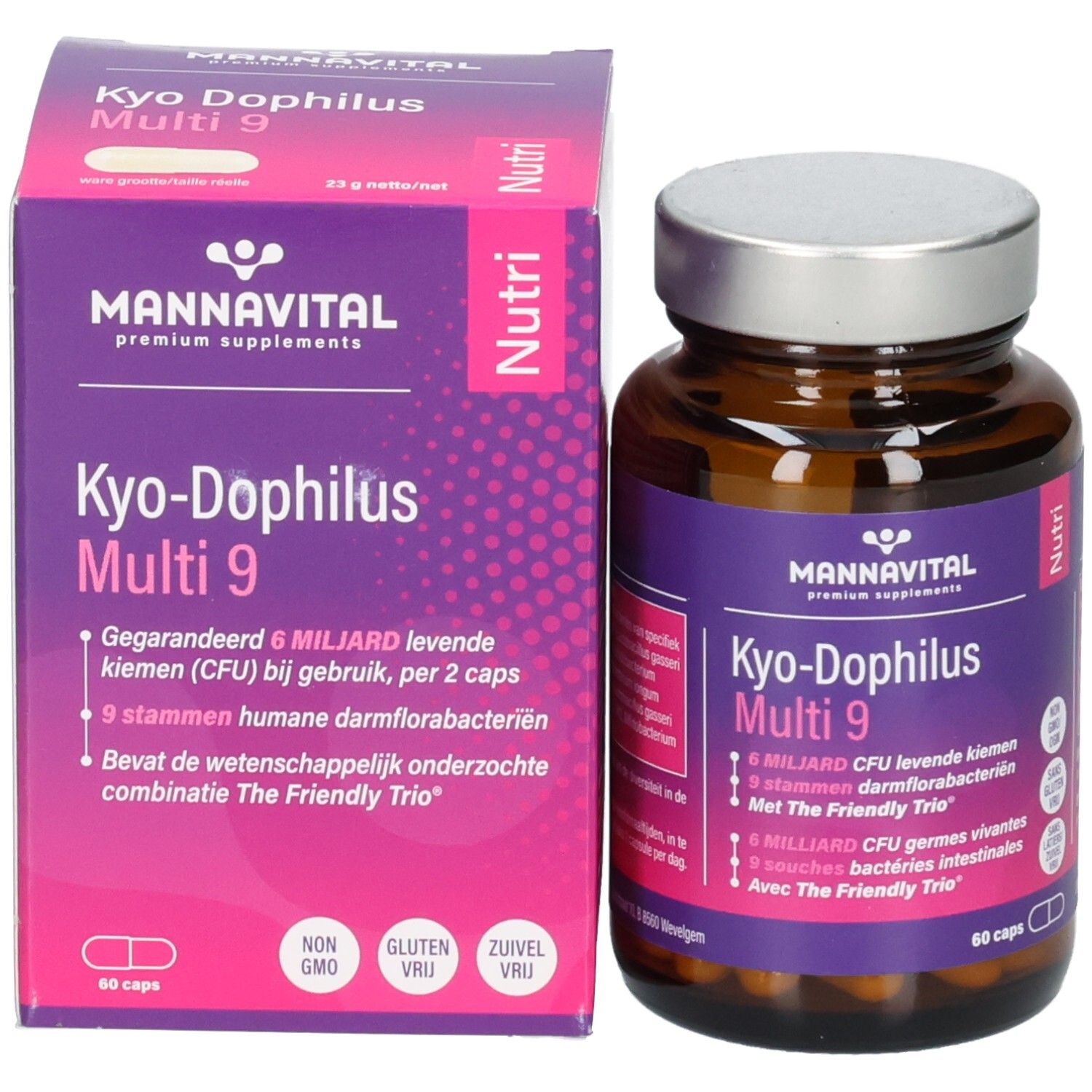 Emballage et bouteille du produit Kyo-Dophilus Multi 9. Boîte en carton avec informations produit.
