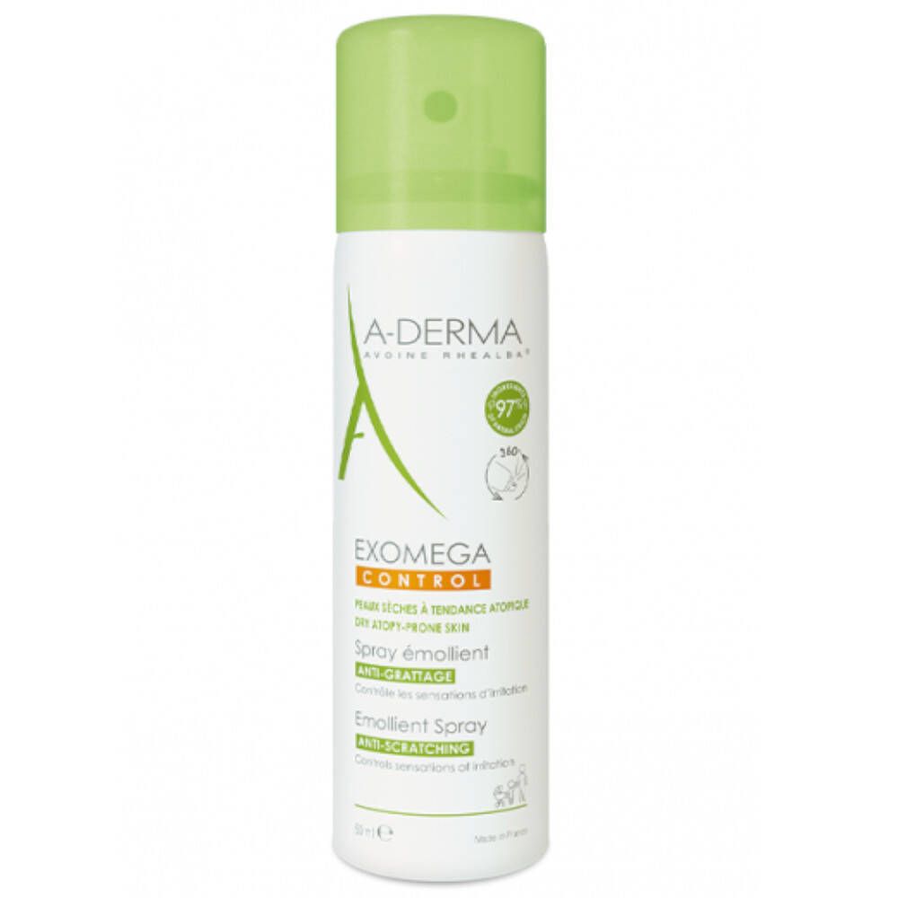 Spray A-DERMA Exomega Control. Flacon blanc avec bouchon vert. Nom du produit et logo visibles.