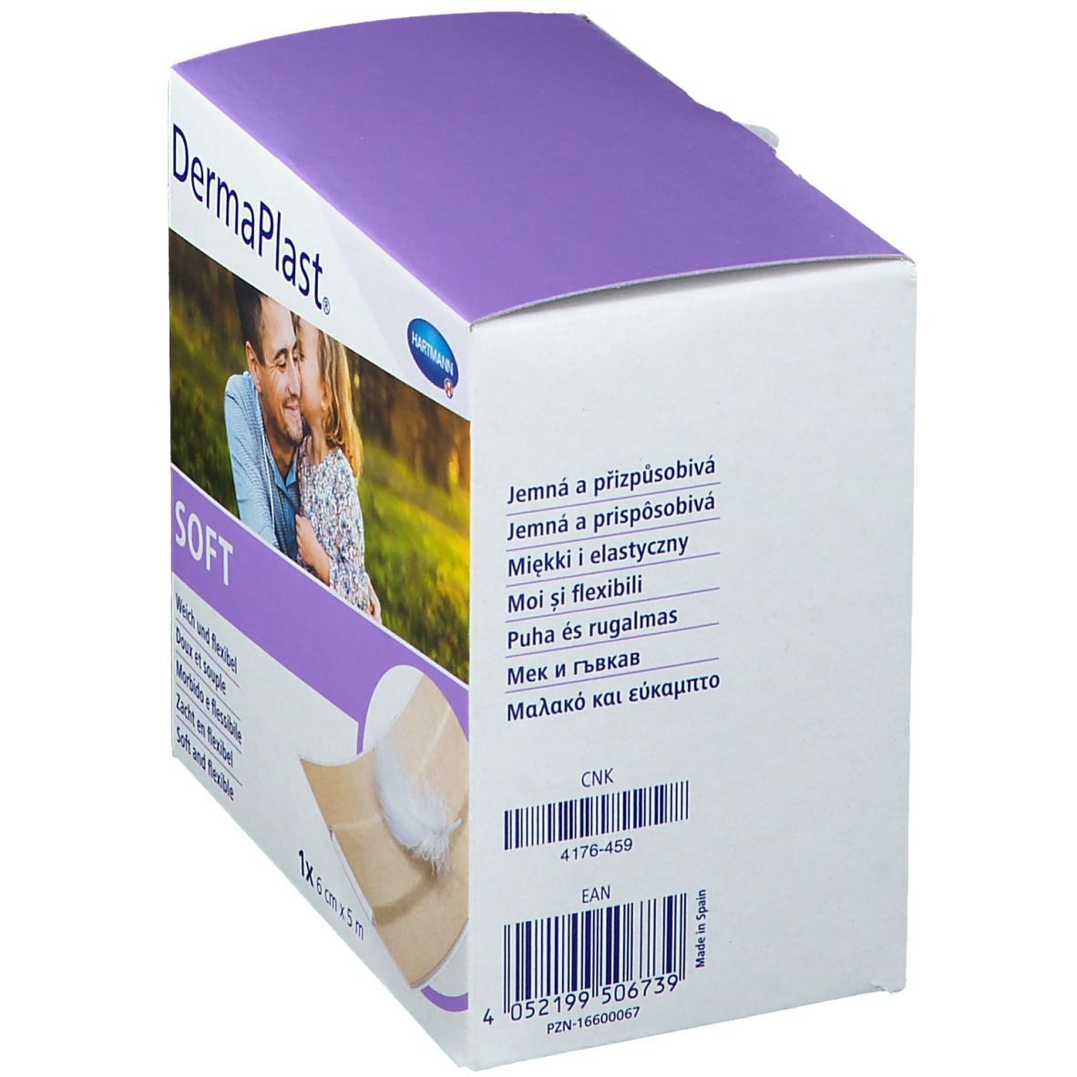 Dos de l'emballage DermaPlast Soft. Texte multilingue. Contient 1 rouleau, 6 cm x 5 m.